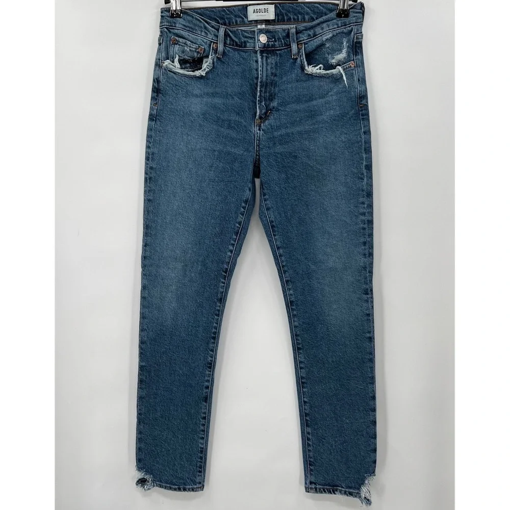 AGOLDE Toni Slim Straight‎ Jeans Womens Blue Distressed Chewed Hem 28